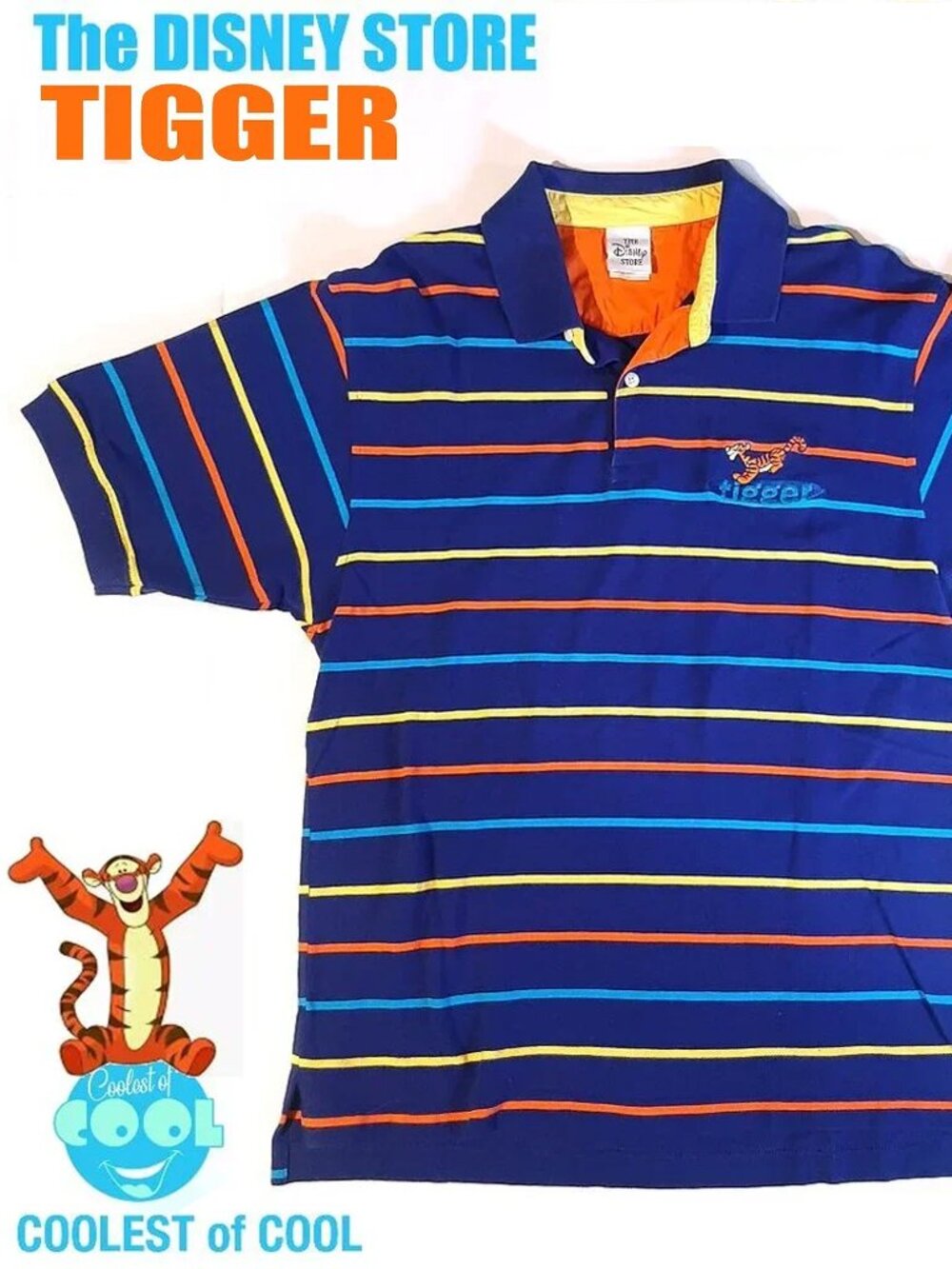 The Disney Store Men's Tigger polo shirt Medium colored stripes Winnie the Pooh
